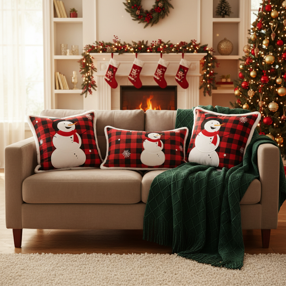 SOGA Christmas Bundle – Red Snowman Pillows & Green Diamond Knitted Throw Blanket