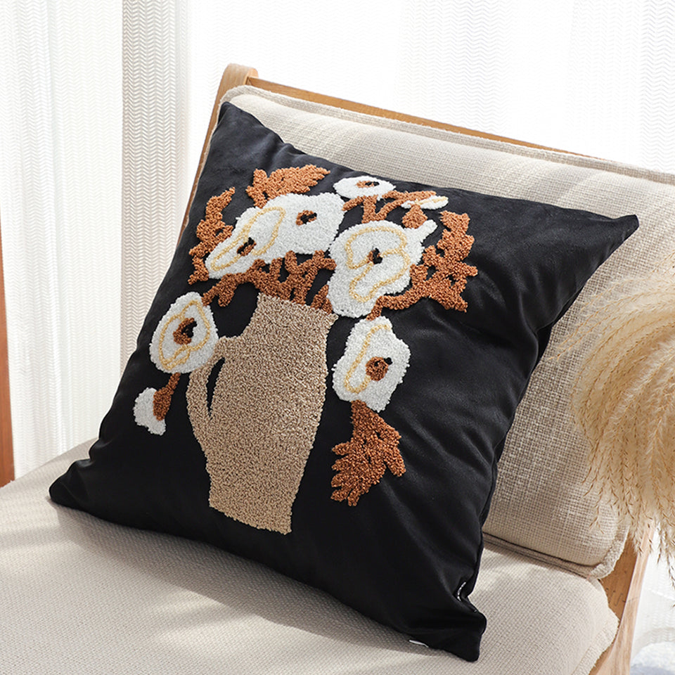 SOGA 2X 45cm Black Brown White Floral Bouquet Embroidered Throw Pillow