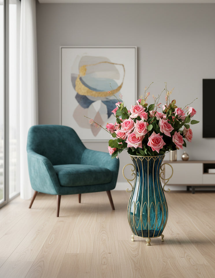 SOGA 51cm Blue Glass Tall Floor Vase with 12pcs Pink Artificial Fake Flower Set