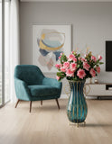 SOGA 51cm Blue Glass Tall Floor Vase with 12pcs Pink Artificial Fake Flower Set