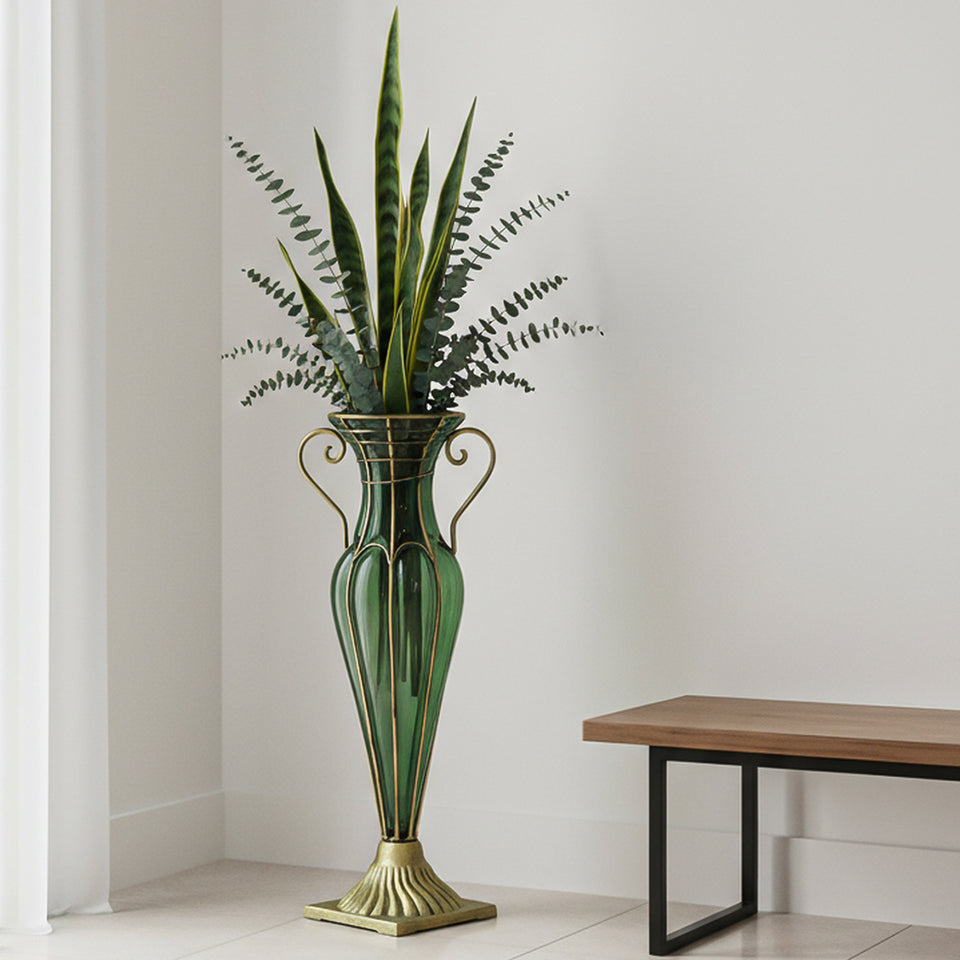 SOGA Green Colored European Glass Flower Vase Solid Base with Two Gold Metal Handle