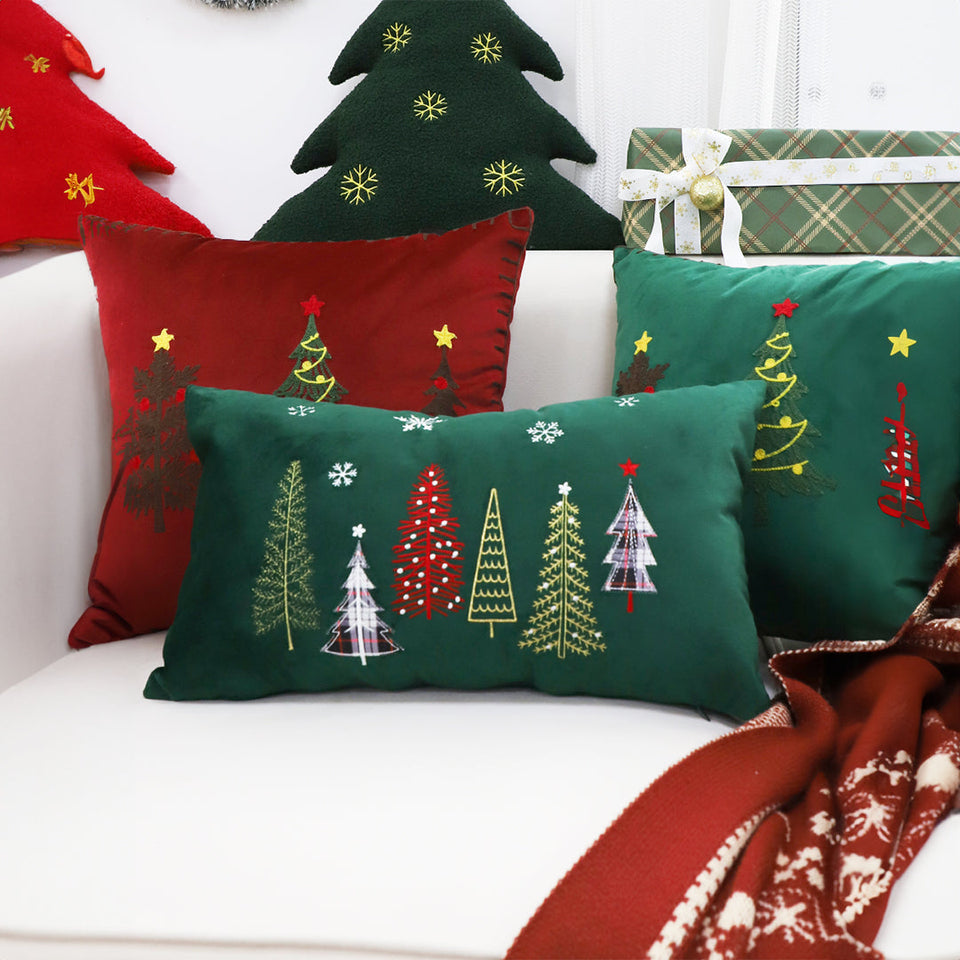 SOGA 30cm Dark Green Christmas Forest Embroidered Lumbar Pillow