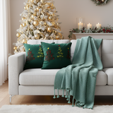 SOGA Christmas Bundle – 2 Green Embroidered Christmas Tree Pillow & Tassel Fringe Knitted Blanket
