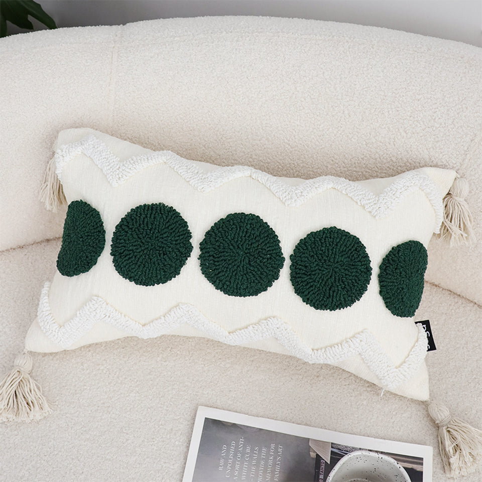 SOGA 30cm Cream Green Circle Pom Chevron Tassel Decorative Pillow