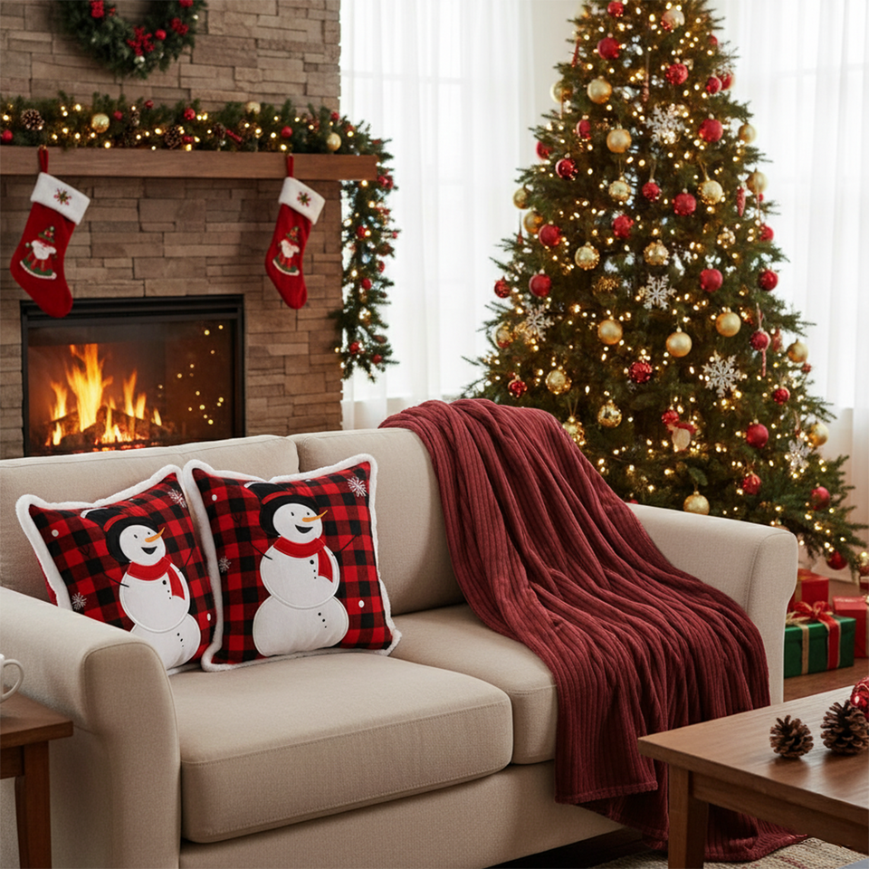 SOGA Christmas Bundle – 2 Red Snowman Holiday Pillow & Burgundy Striped Cozy Throw Blanket