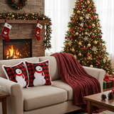 SOGA Christmas Bundle – 2 Red Snowman Holiday Pillow & Burgundy Striped Cozy Throw Blanket