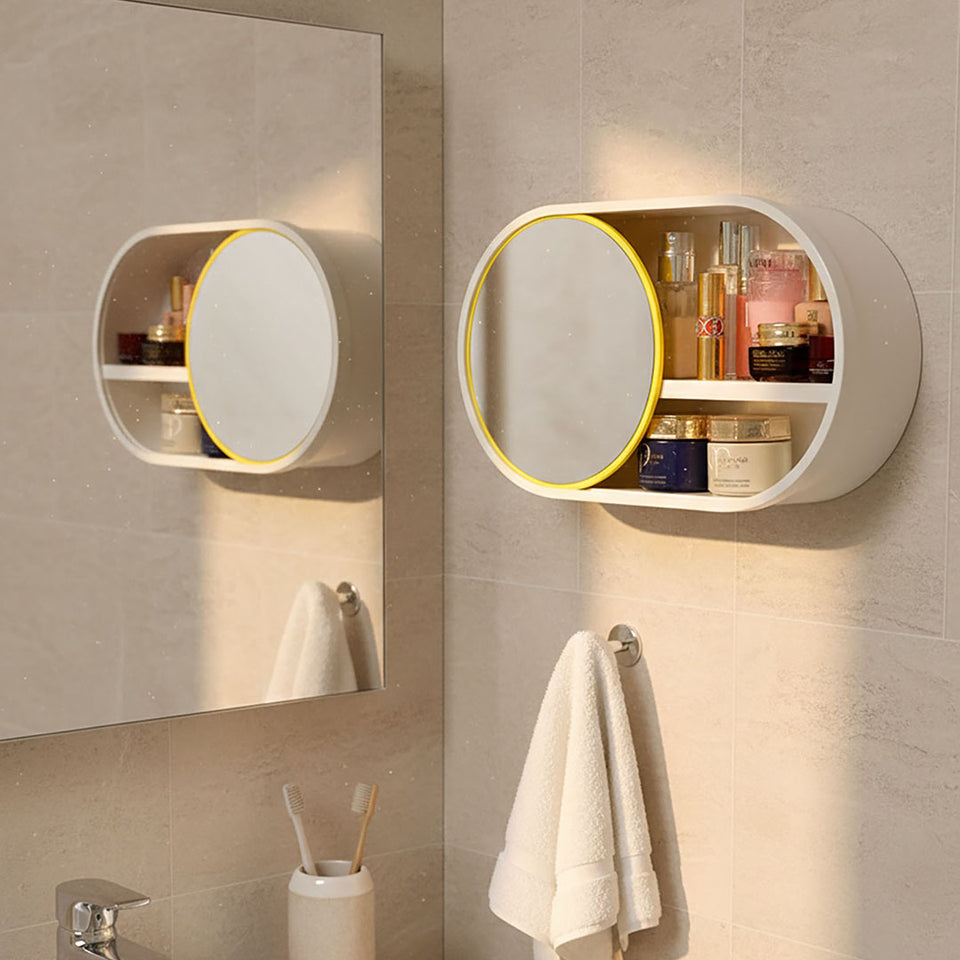 SOGA 39cm Oval Wall-Mounted Mirror Storage Box Vanity Mirror Rack Bathroom Adhesive Shelf Home Organiser Decor
