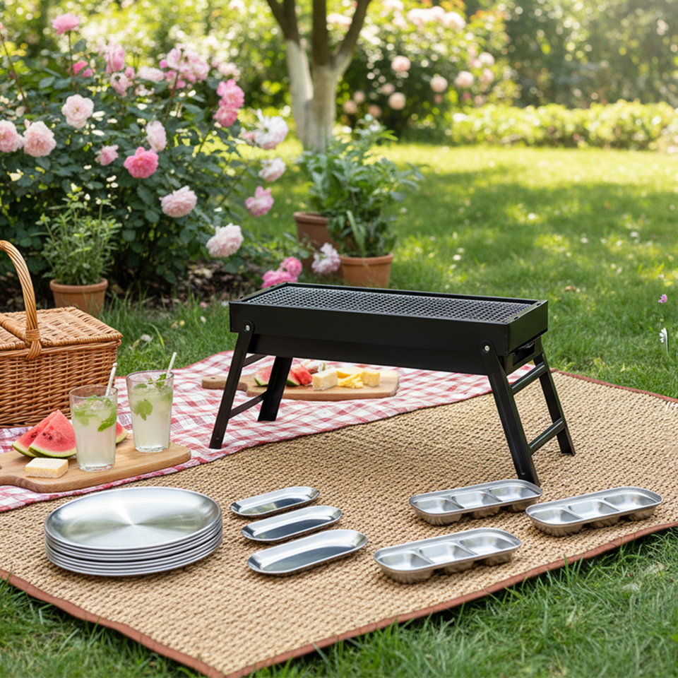 SOGA Kitchenware Bundle – Portable Charcoal Grill, Silver Grilling Plate, Nordic Plate & Sauce Pan