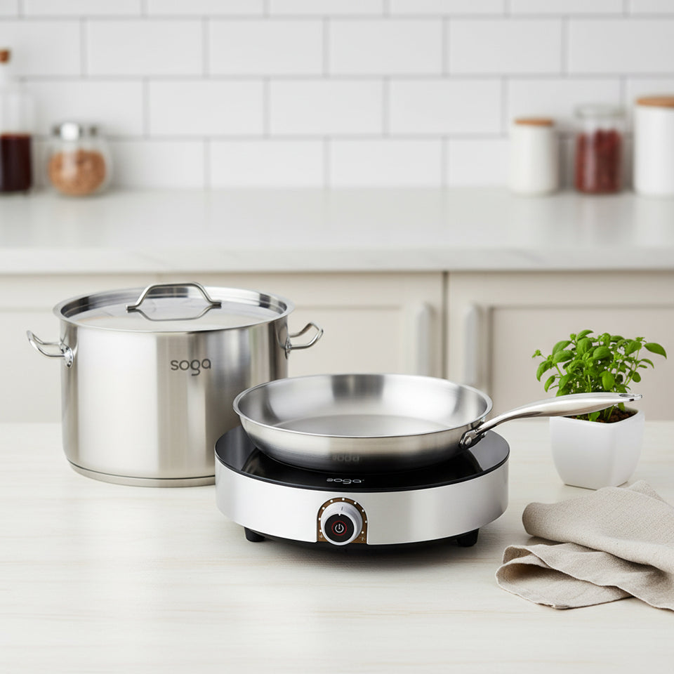 SOGA Kitchenware Bundle – 26cm Smart Induction Cooktop, Stainless Fry Pan & 9L Stock Pot
