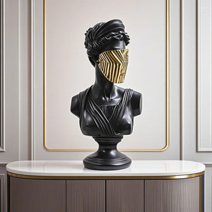 SOGA 40cm Black Classical Bust Sculpture Resin with Gold Striped Mask for Modern Home Decor