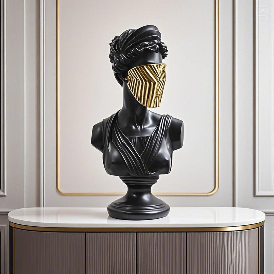 SOGA 40cm Black Classical Bust Sculpture Resin with Gold Striped Mask for Modern Home Decor