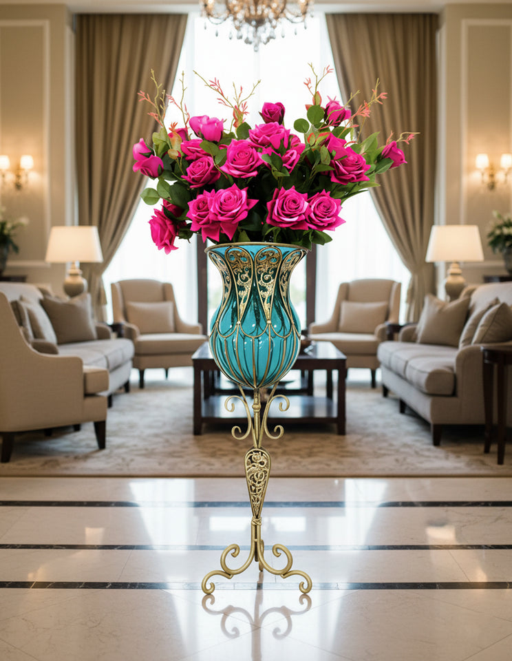 SOGA 85cm Blue Glass Tall Floor Vase and 12pcs Dark Pink Artificial Fake Flower Set