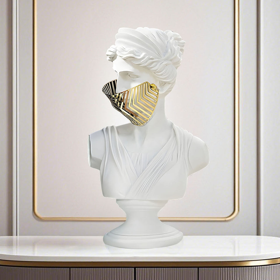 SOGA 40cm White Classical Bust Sculpture Resin with Gold Striped Mask for Modern Home Decor