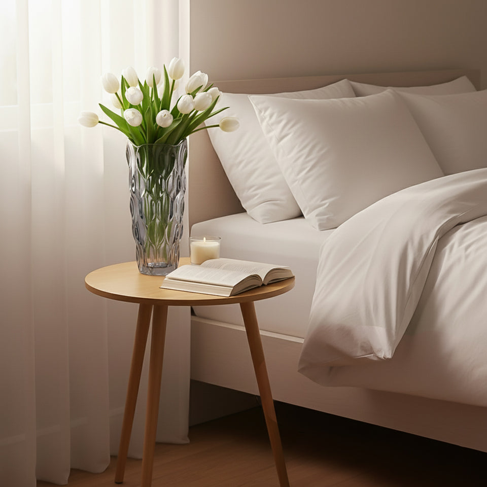SOGA Home & Living Bundle – Walnut Side Coffee Table & Grey Glass Vase for Modern Home Decor