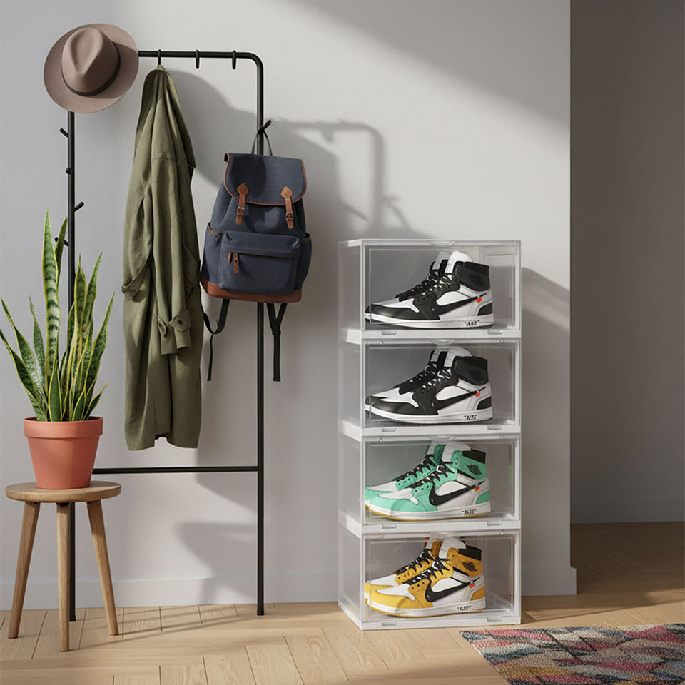SOGA 4 Tier Transparent Portable Shoe Organiser Sneaker Footwear Folding Plastic Bin Stackable Storage Box with Magnetic Door