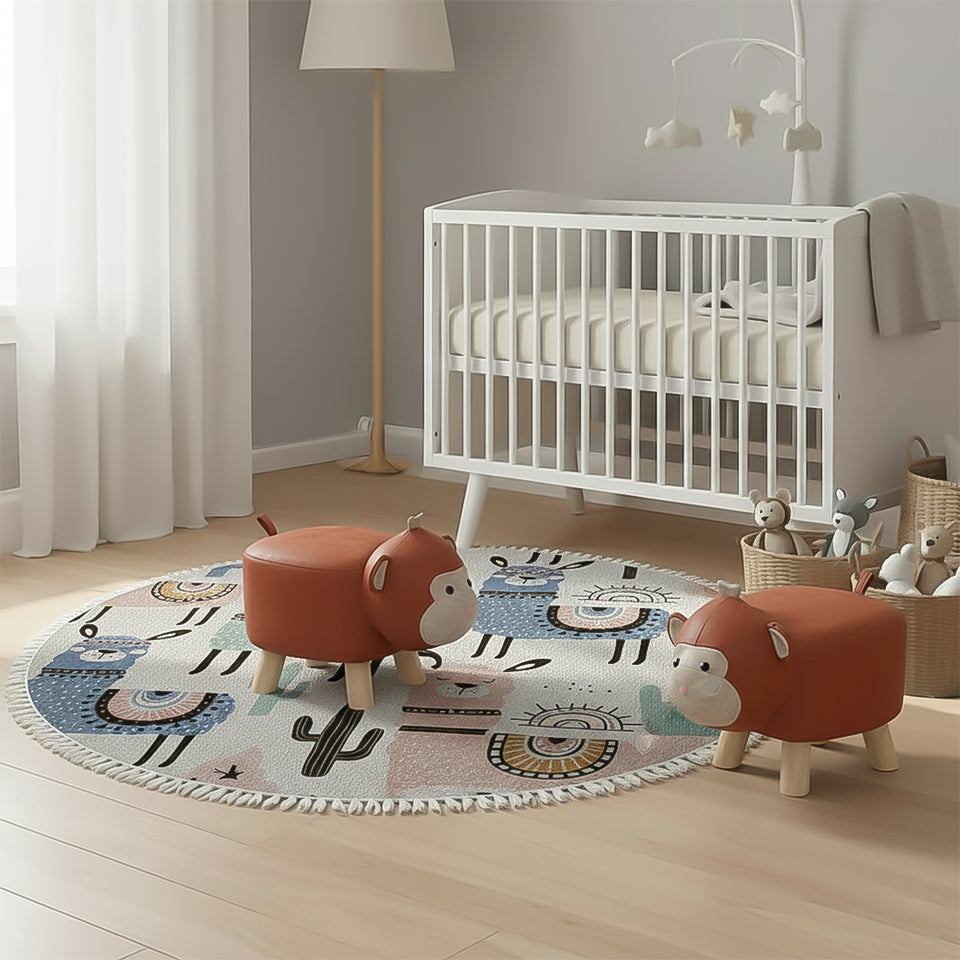 SOGA Home & Living Bundle – 2 Orange Monkey Children’s Ottoman & Alpaca Cactus Pattern Rug