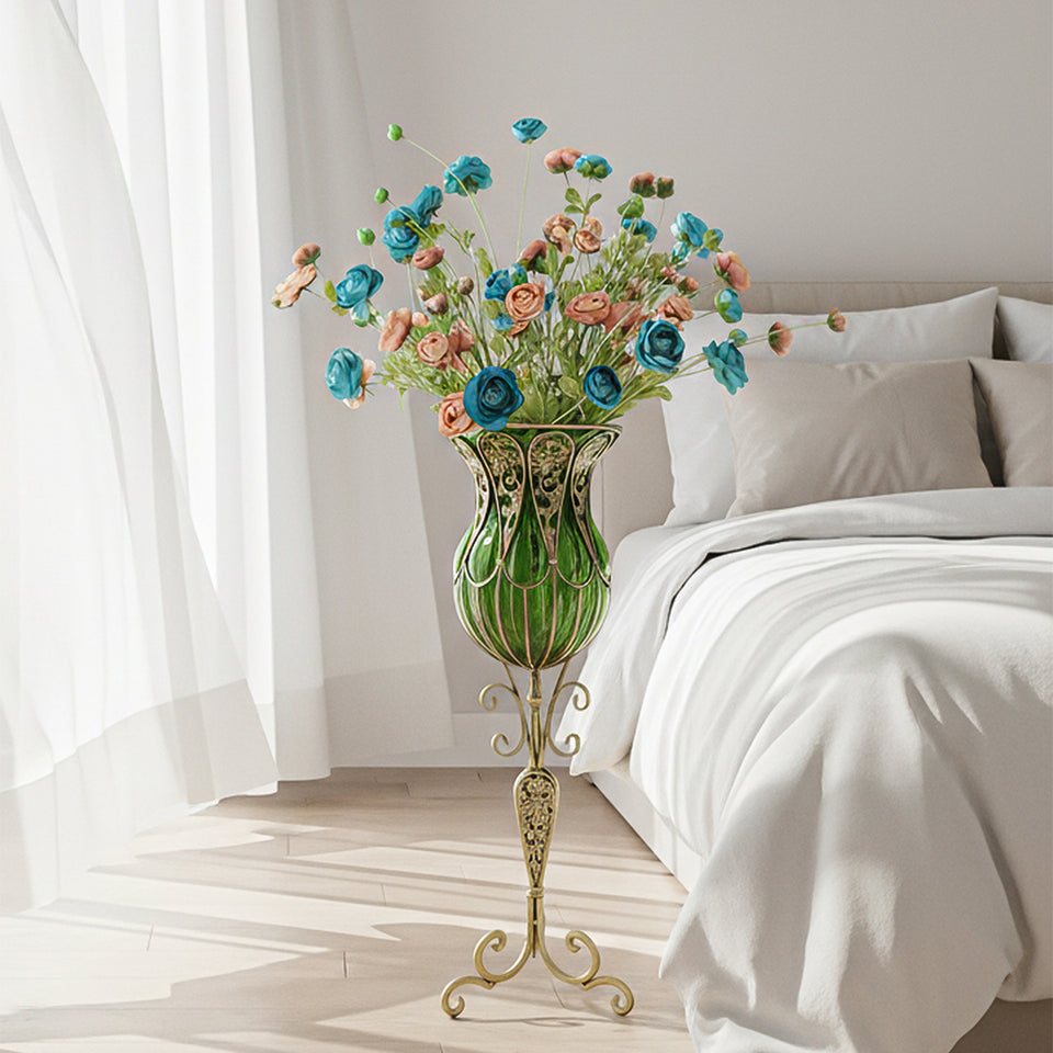 SOGA 85cm Green Glass Tall Floor Vase and 12pcs Blue Artificial Fake Flower Set