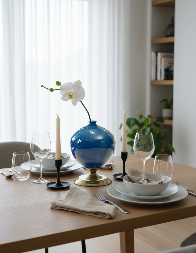 SOGA 38cm Ceramic Oval Flower Vase with Gold Metal Base Dark Blue