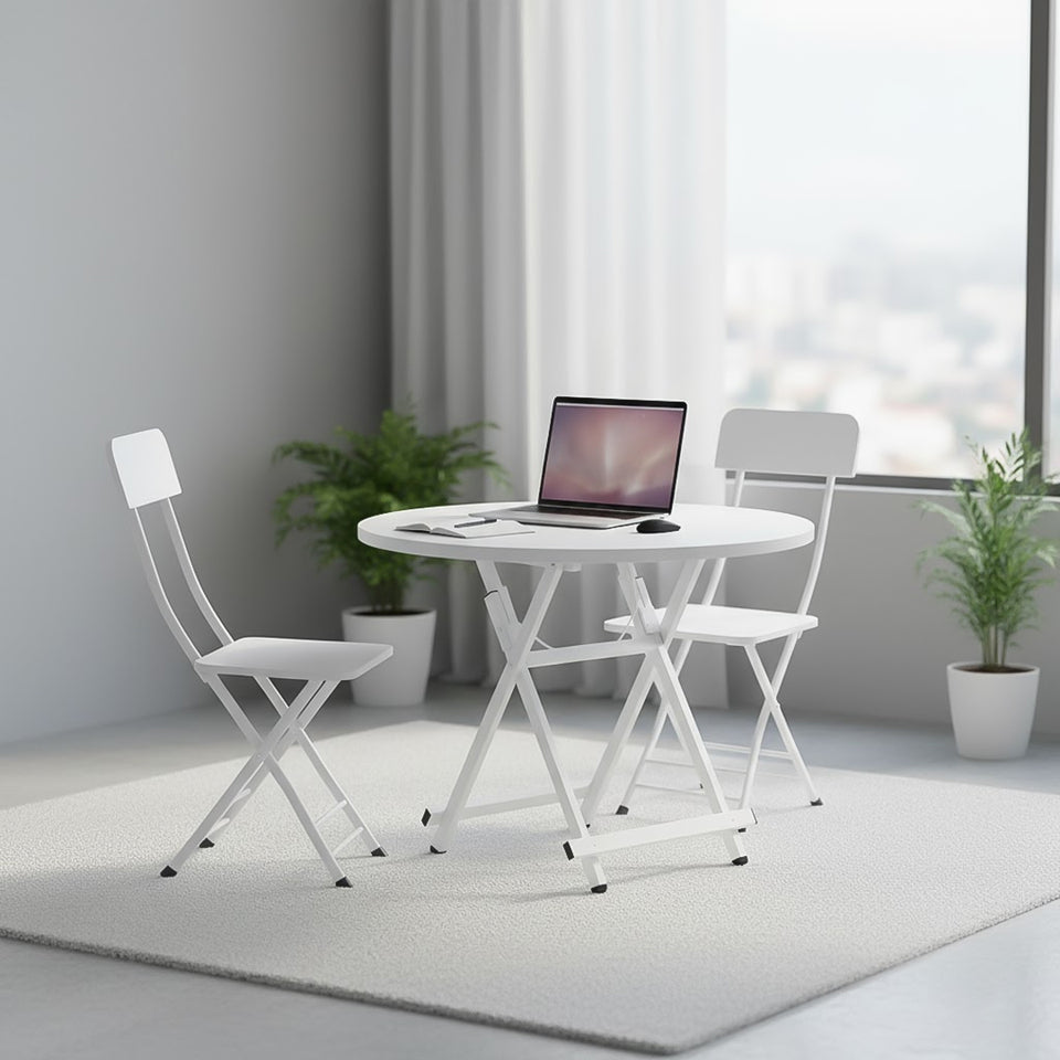 SOGA Home & Living Bundle – White Folding Dining Table & 2 Foldable Chairs for Home Decor