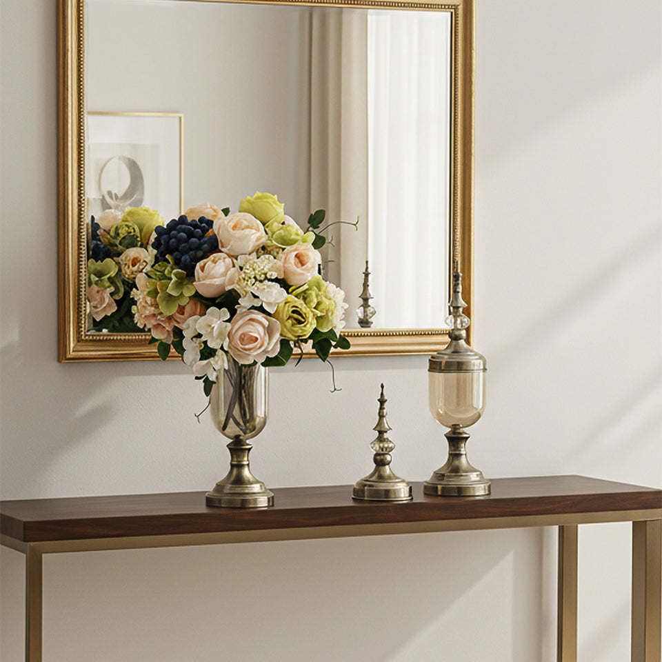 SOGA 2x Clear Glass Flower Vase with Lid and White Flower Filler Vase Bronze Set
