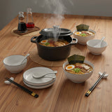 SOGA Kitchenware Bundle – White Japanese Ceramic Dinnerware Set & Black Cast Iron Stewpot