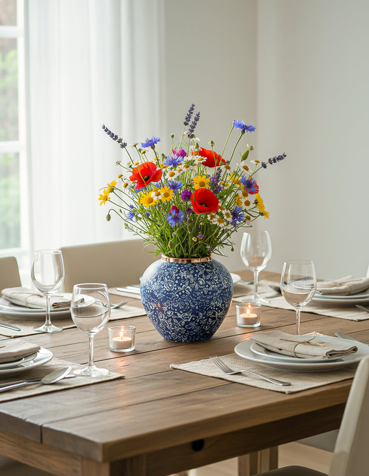 SOGA 21x22cm Blue with White Mini Floral Small Ceramic Flower Vase Elegant Living Room Home Decor