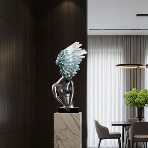 SOGA 86cm Modern Silver Winged Figure Sculpture with Artificial Marble Base for Home Decor