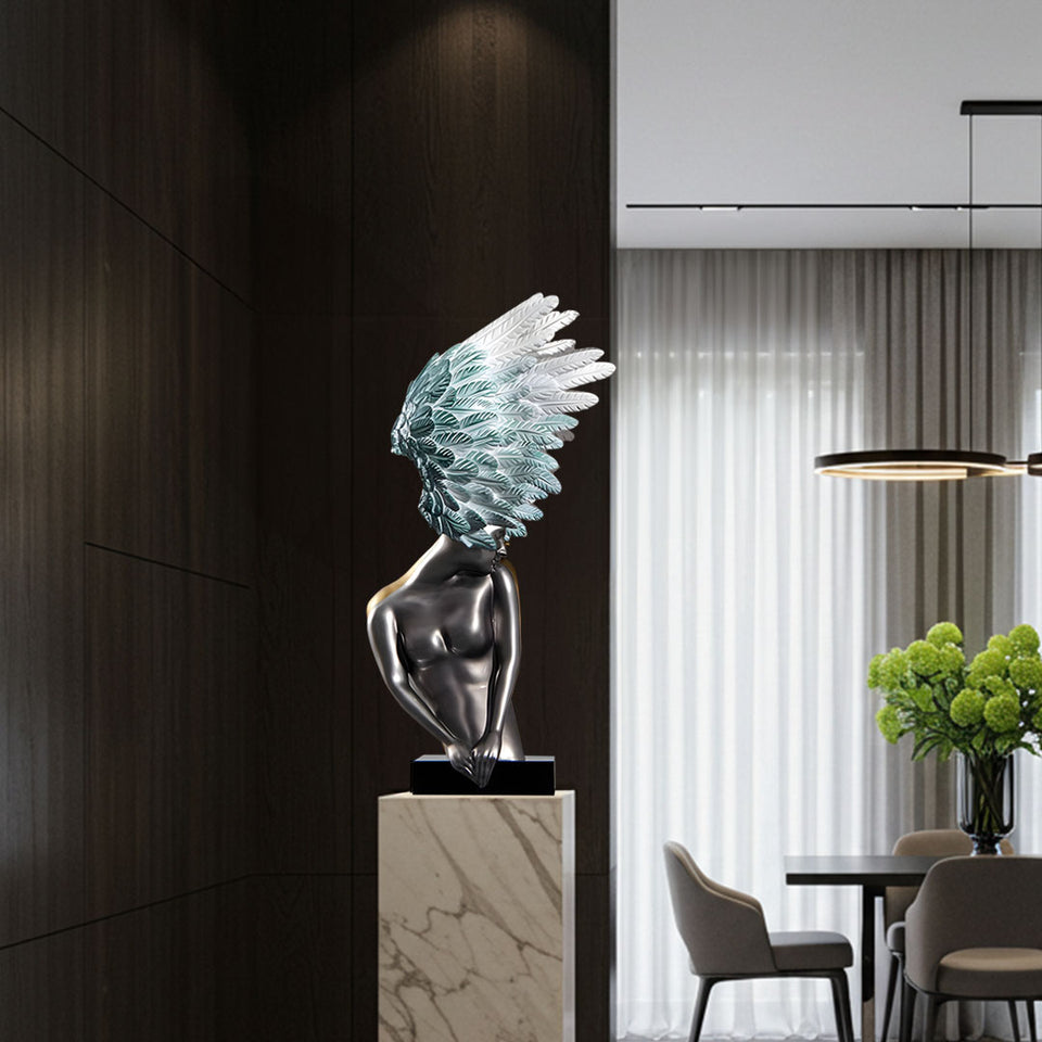 SOGA 86cm Modern Silver Winged Figure Sculpture with Artificial Marble Base for Home Decor