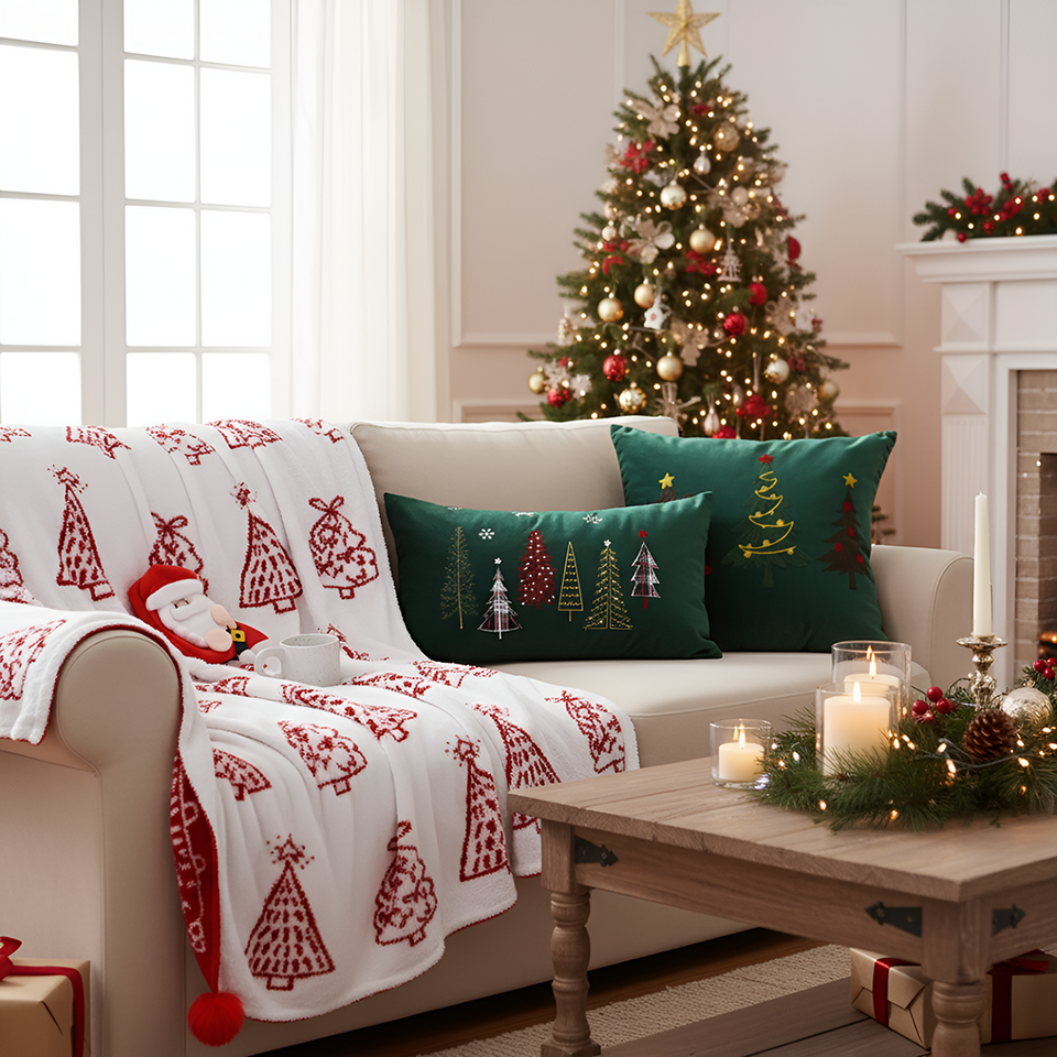 SOGA Christmas Bundle – Red Christmas Tree Fleece Throw & Green Embroidered Holiday Pillows