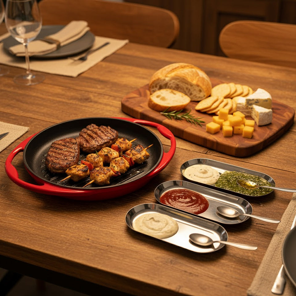 SOGA Kitchenware Bundle – Acacia Cutting Board, Cast Iron Skillet & Silver Nordic Plate Set
