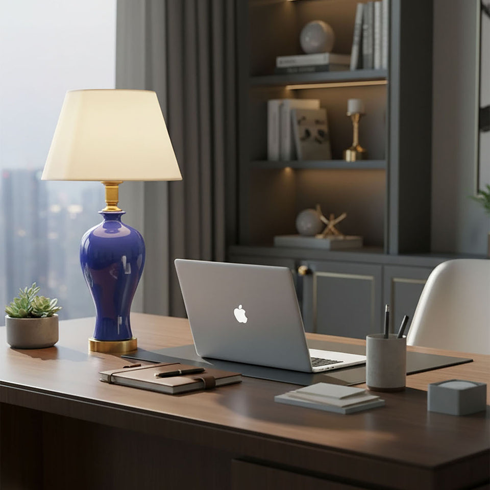 SOGA 2X Blue Ceramic Oval Table Lamp with Gold Metal Base