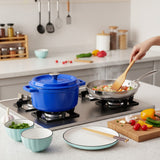 SOGA Kitchenware Bundle – Blue Enamel Stewpot, Stainless Steel Fry Pan & Ceramic Dinnerware Set