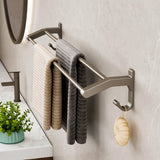 SOGA 62cm Gray Wall-Mounted Double Pole Towel Holder Bathroom Organiser Rail Hanger with Hooks