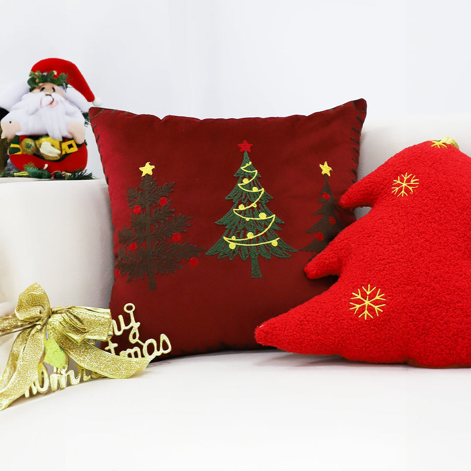 SOGA 45cm Burgundy Red Christmas Tree Embroidered Throw Pillow