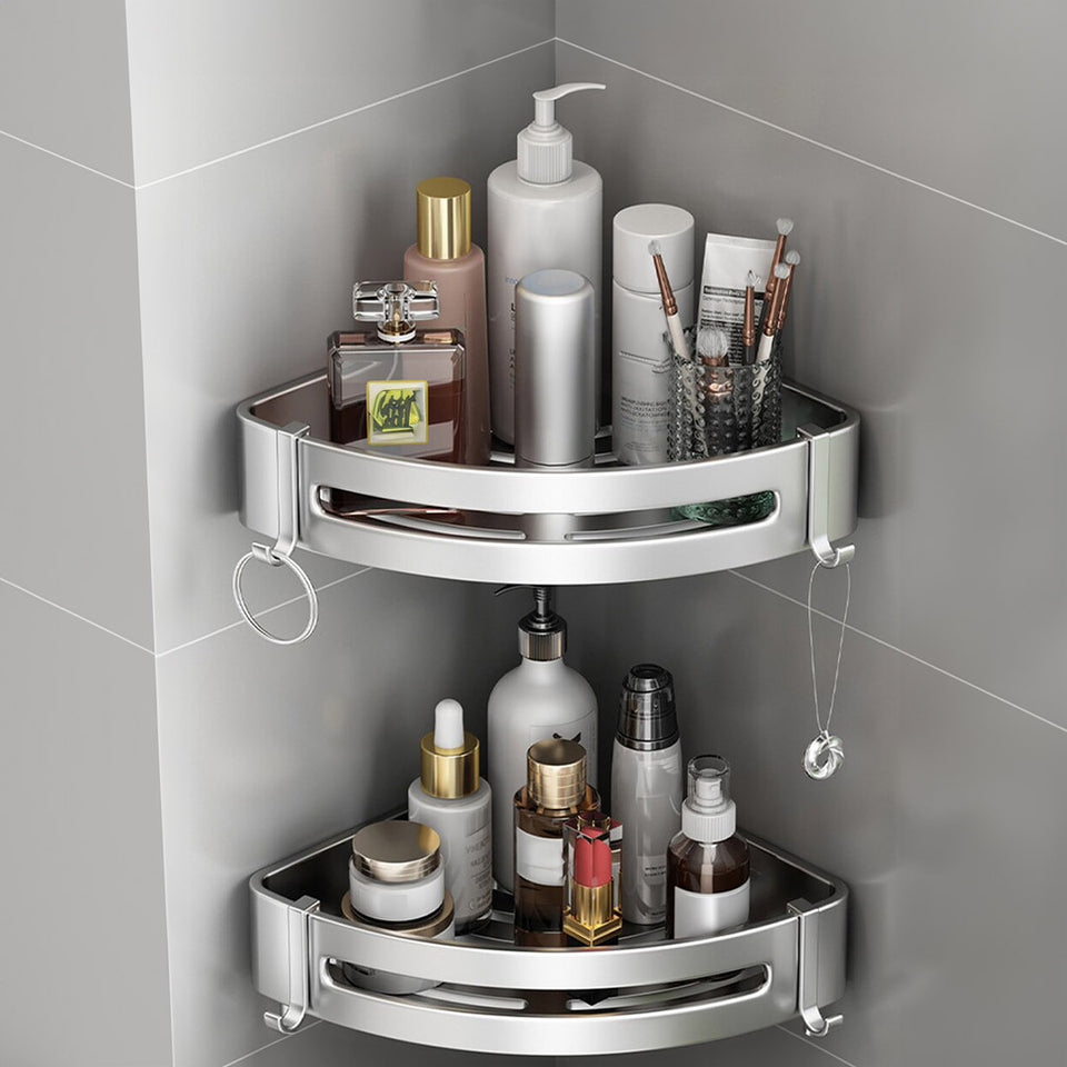 SOGA 2X Silver Wall-Mounted Triangular Bathroom Storage Corner Vanity Organiser Space Saving Adhesive Shelf Rack with Hooks