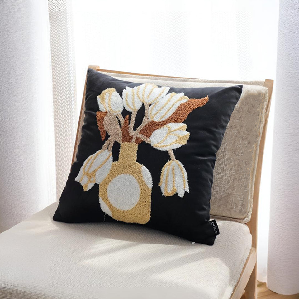 SOGA 2X 45cm Black White Gold Floral Vase Embroidered Throw Pillow