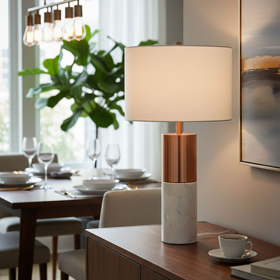 SOGA 2X 60cm White Marble Bedside Modern Desk Table Lamp Living Room Shade with Cylinder Base