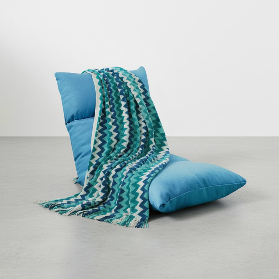 SOGA Home & Living Bundle – Blue Zigzag Knitted Throw Blanket & Blue Adjustable Floor Recliner