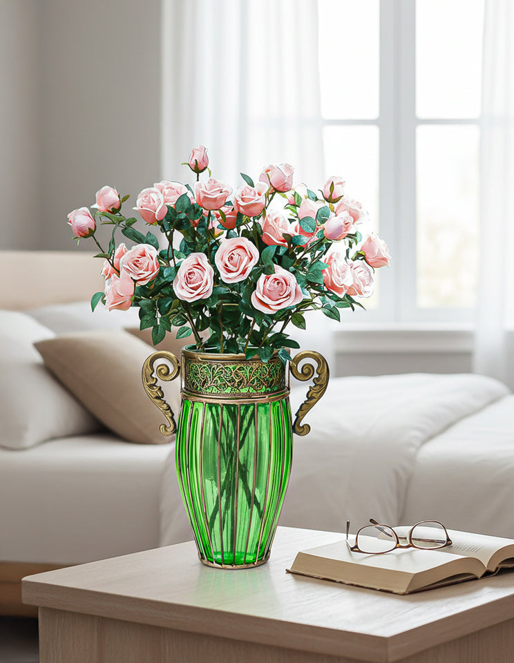 SOGA Green Glass Flower Vase with 8 Bunch 5 Heads Artificial Fake Silk Rose Home Decor Set
