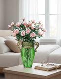 SOGA Green Glass Flower Vase with 8 Bunch 5 Heads Artificial Fake Silk Rose Home Decor Set