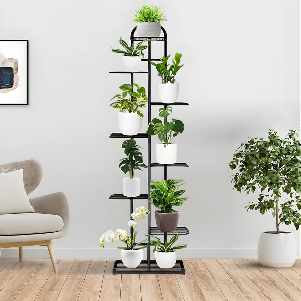 SOGA 8 Tier 9 Pots Black Metal Plant Stand Flowerpot Display Shelf Rack Indoor Home Office Decor