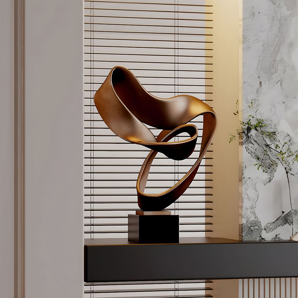 SOGA 45cm Bronze Abstract Sculpture Modern Ribbon Art with Black Base for Home Decor