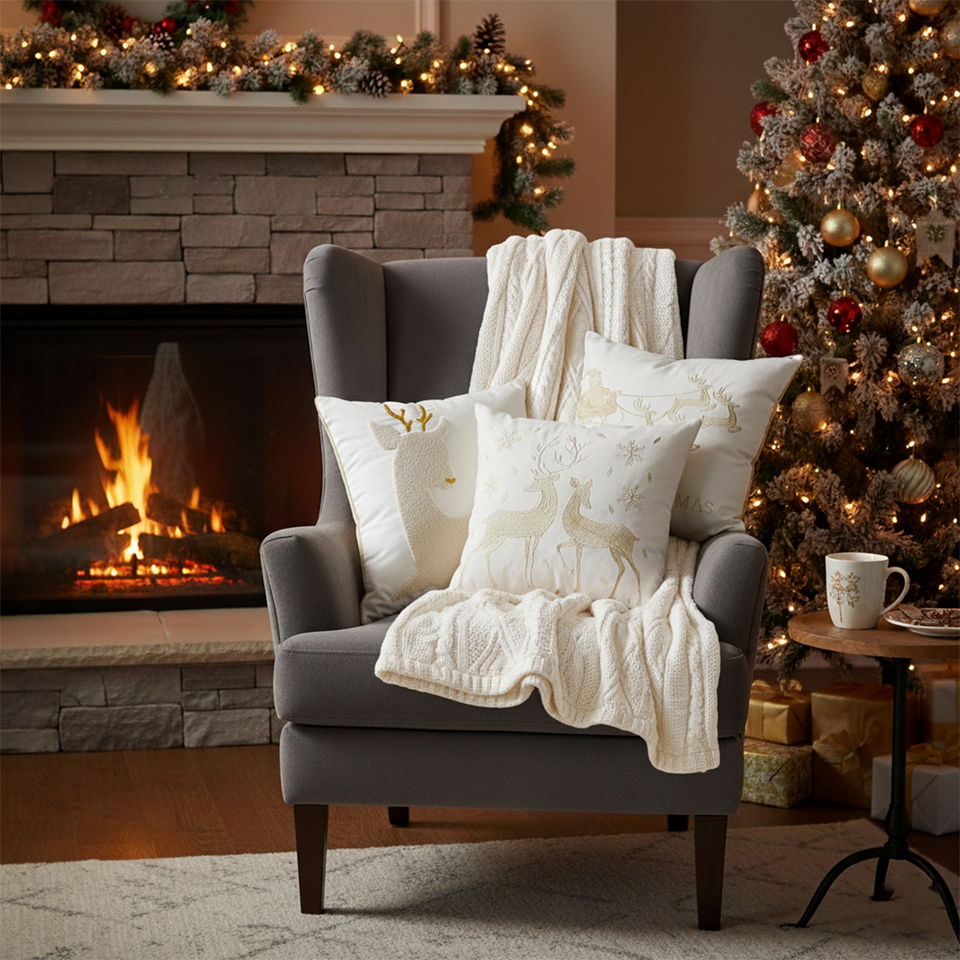 SOGA Christmas Bundle – White Chenille Throw Blanket & Festive Gold Accent Holiday Pillows