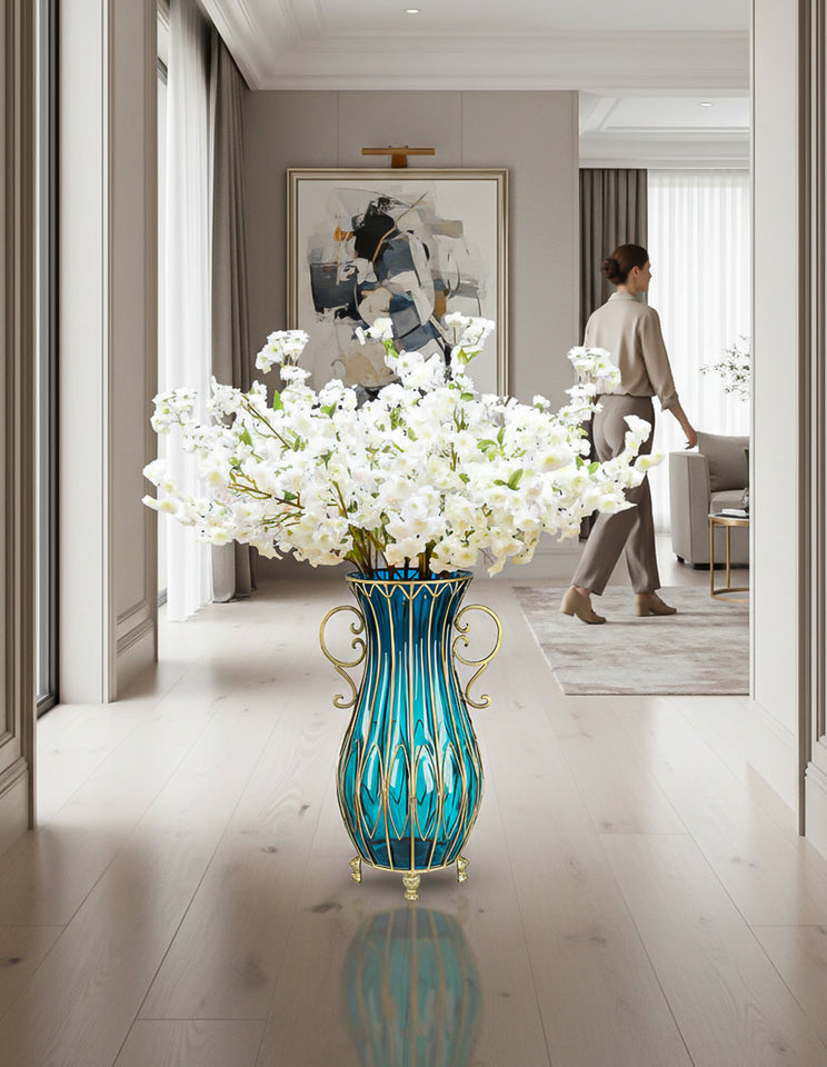 SOGA 51cm Blue Glass Tall Floor Vase and 10pcs White Artificial Fake Flower Set