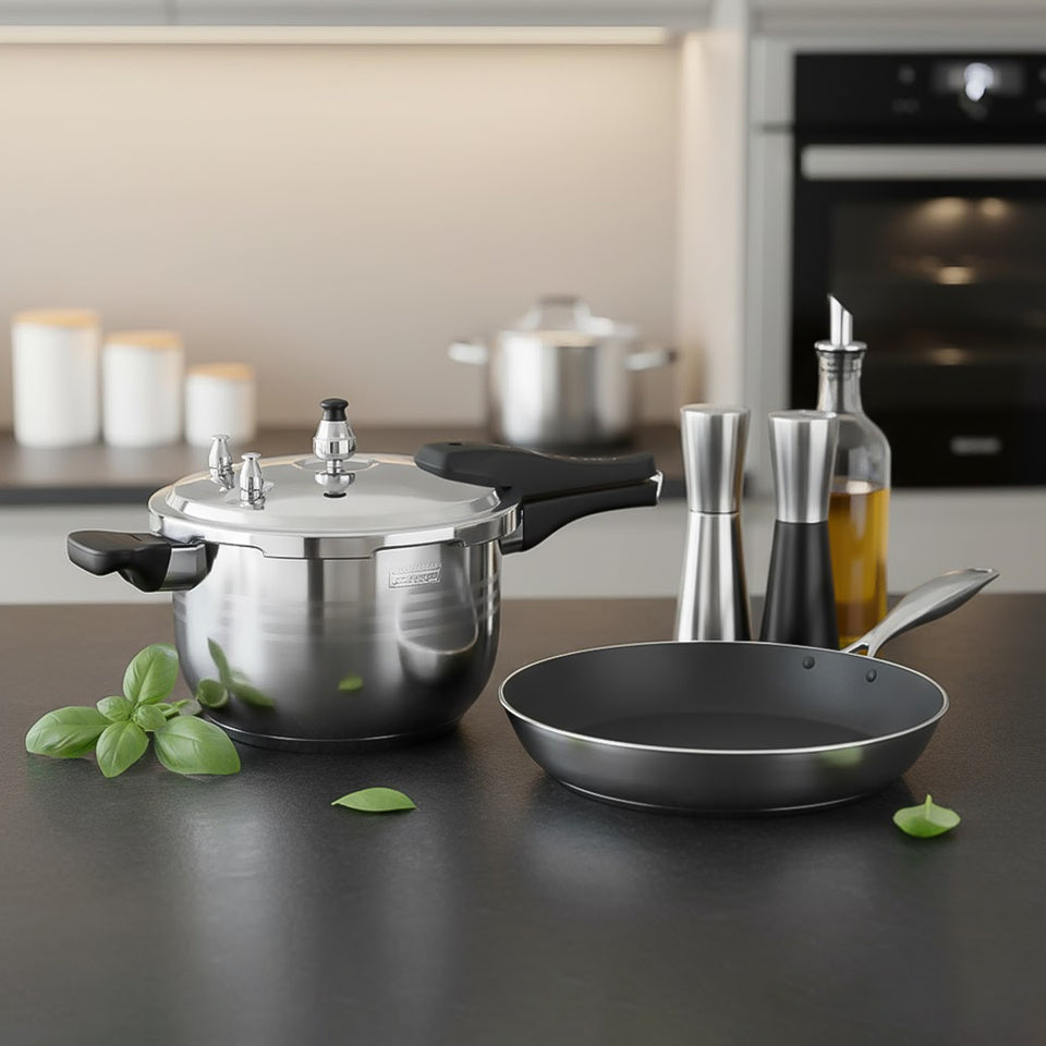 SOGA Kitchenware Bundle – 5L Stainless Steel Pressure Cooker & 28cm Non-Stick Fry Pan