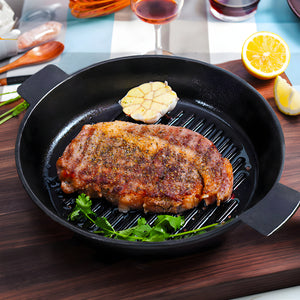 SOGA 2X 26cm Round Ribbed Cast Iron Frying Pan Skillet Steak Sizzle Platter with Handle