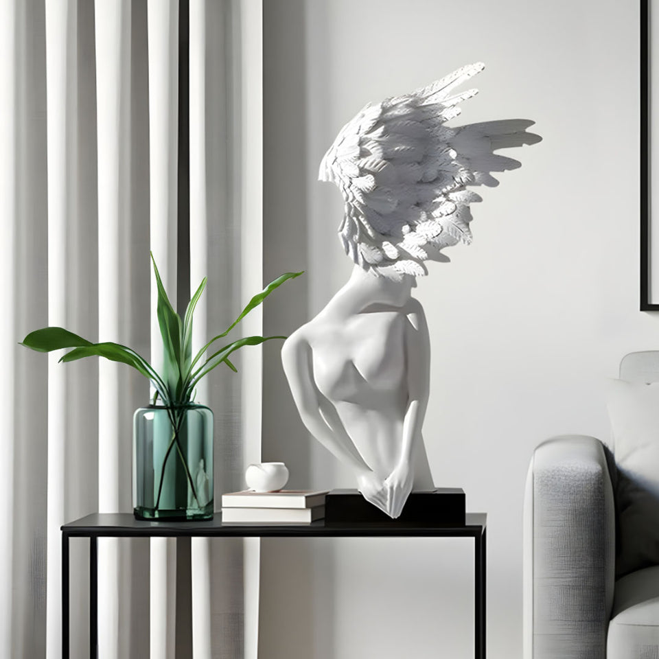 SOGA 86cm Modern White Winged Figure Sculpture with Artificial Marble Base for Home Decor
