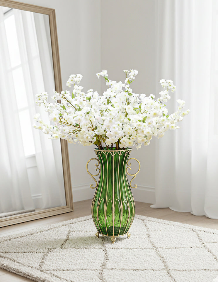 SOGA 51cm Green Glass Tall Floor Vase and 10pcs White Artificial Fake Flower Set
