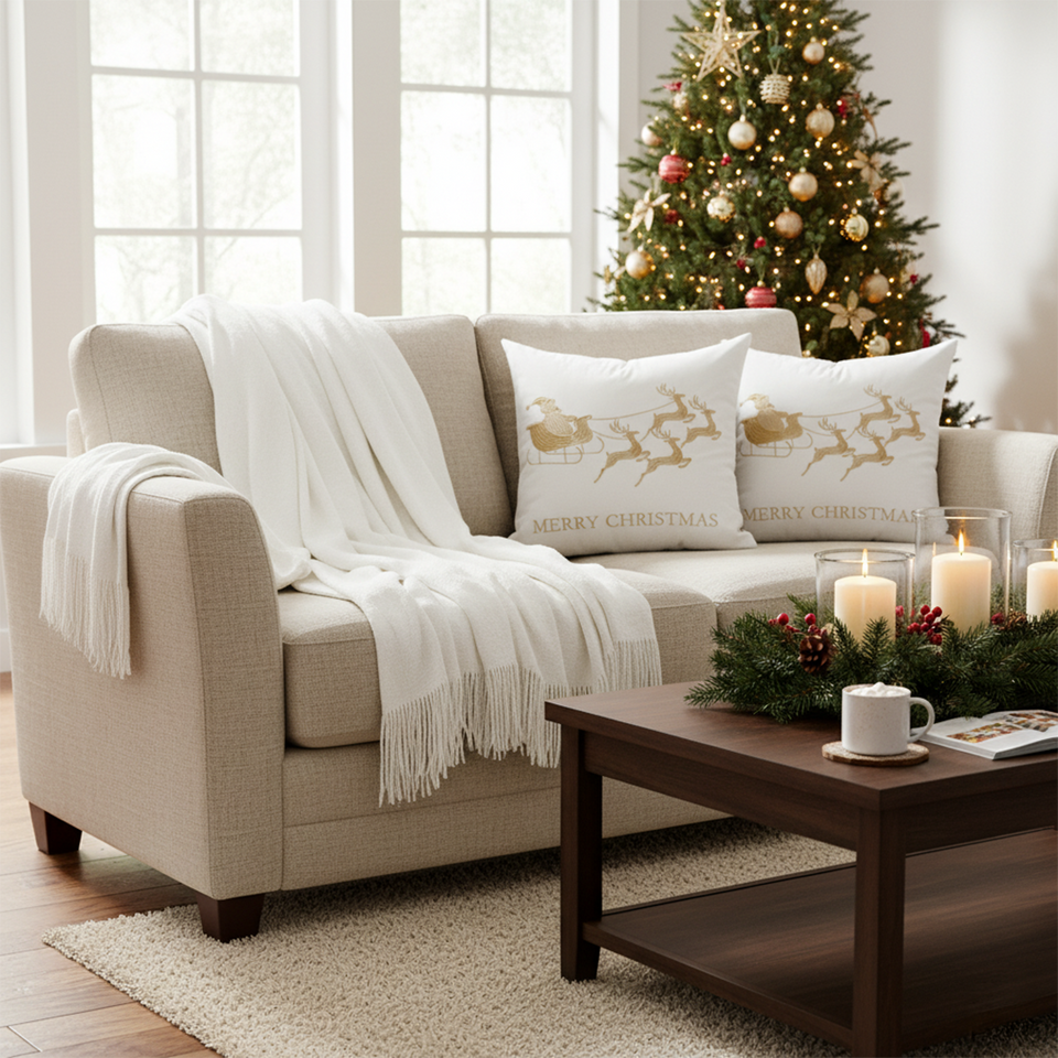 SOGA Christmas Bundle – 2 White & Gold Christmas Sleigh Pillow & White Knitted Throw Blanket
