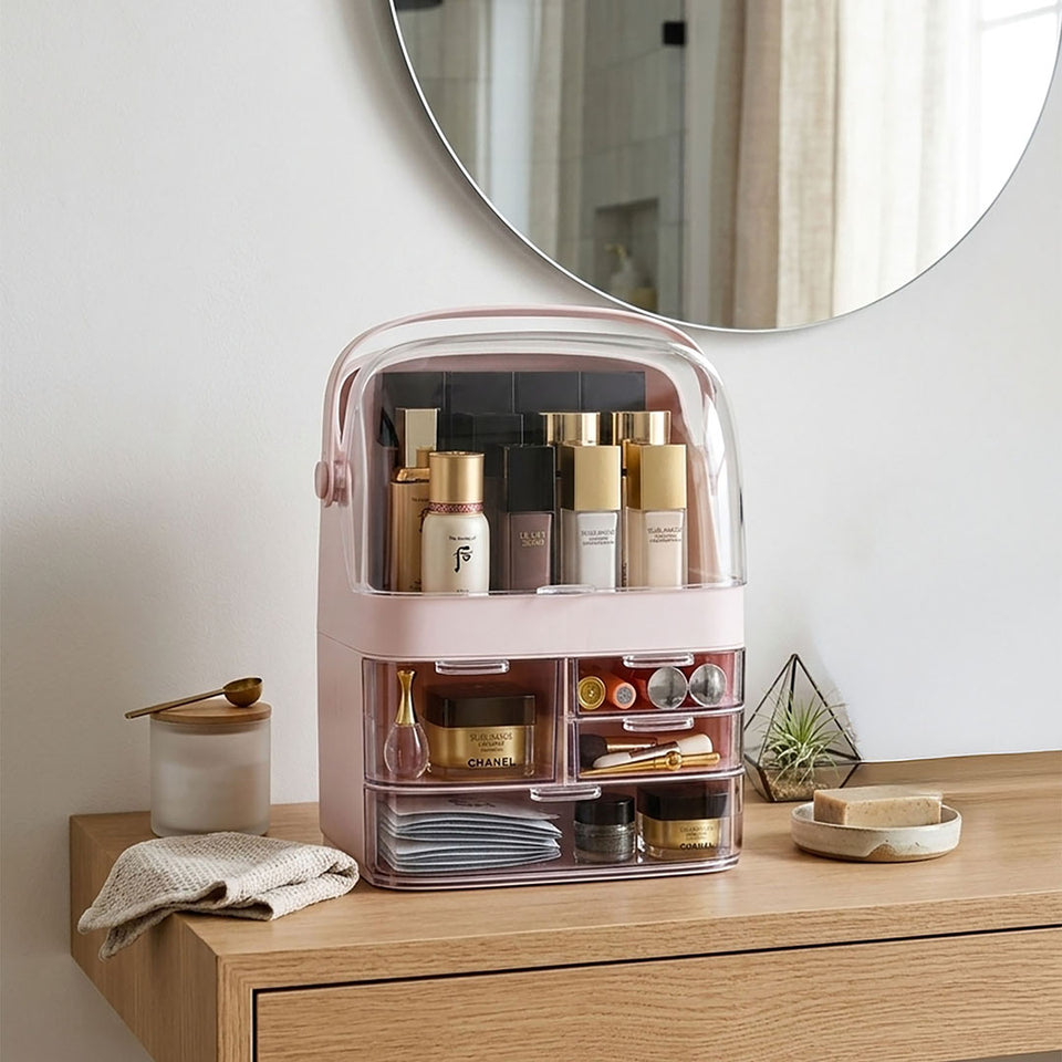 SOGA 3 Tier Pink Countertop Makeup Cosmetic Storage Organiser Skincare Holder Jewelry Storage Box with Handle